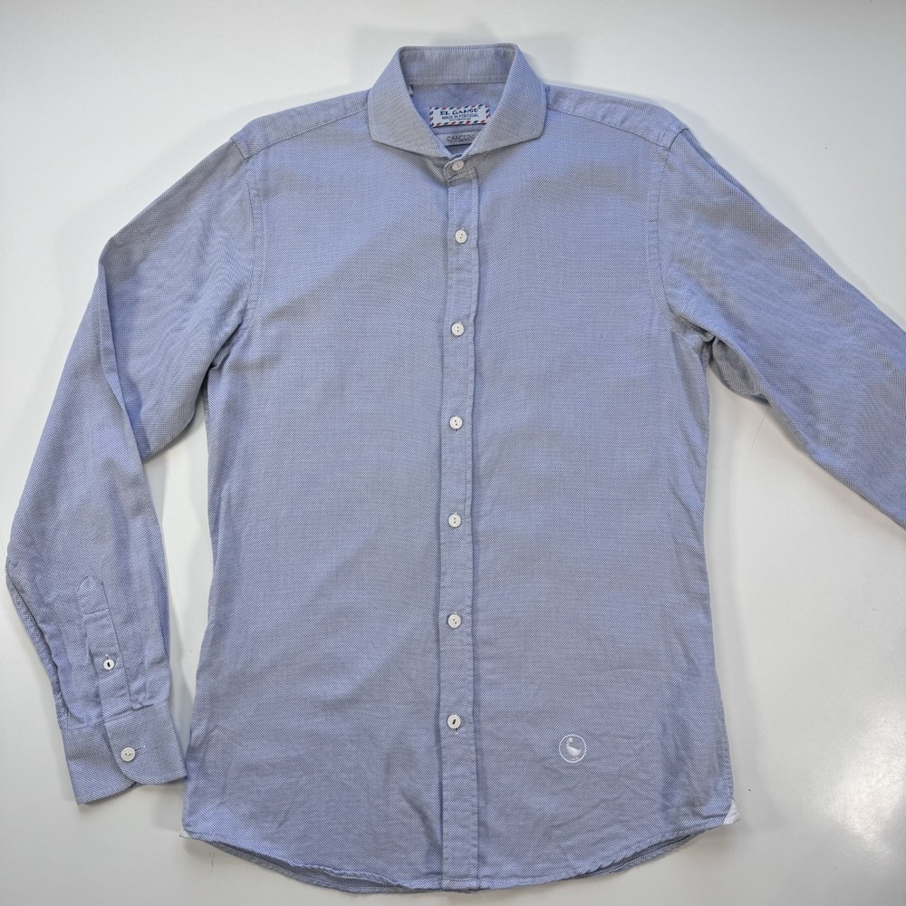 EL GANSO Canclini Button Up Long Sleeve Shirt Mens 37 Blue Micro Dot Portugal‎